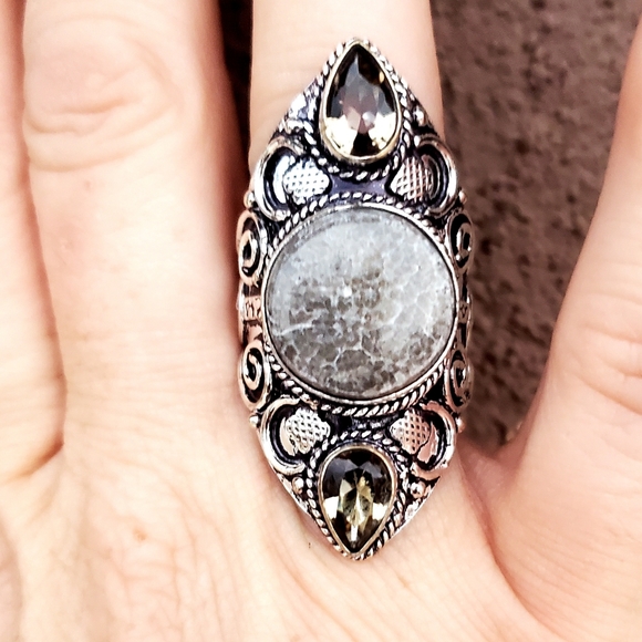 New Stingray Coral & Smoky Quartz 925 Silver Statement Ring. - Picture 1 of 16